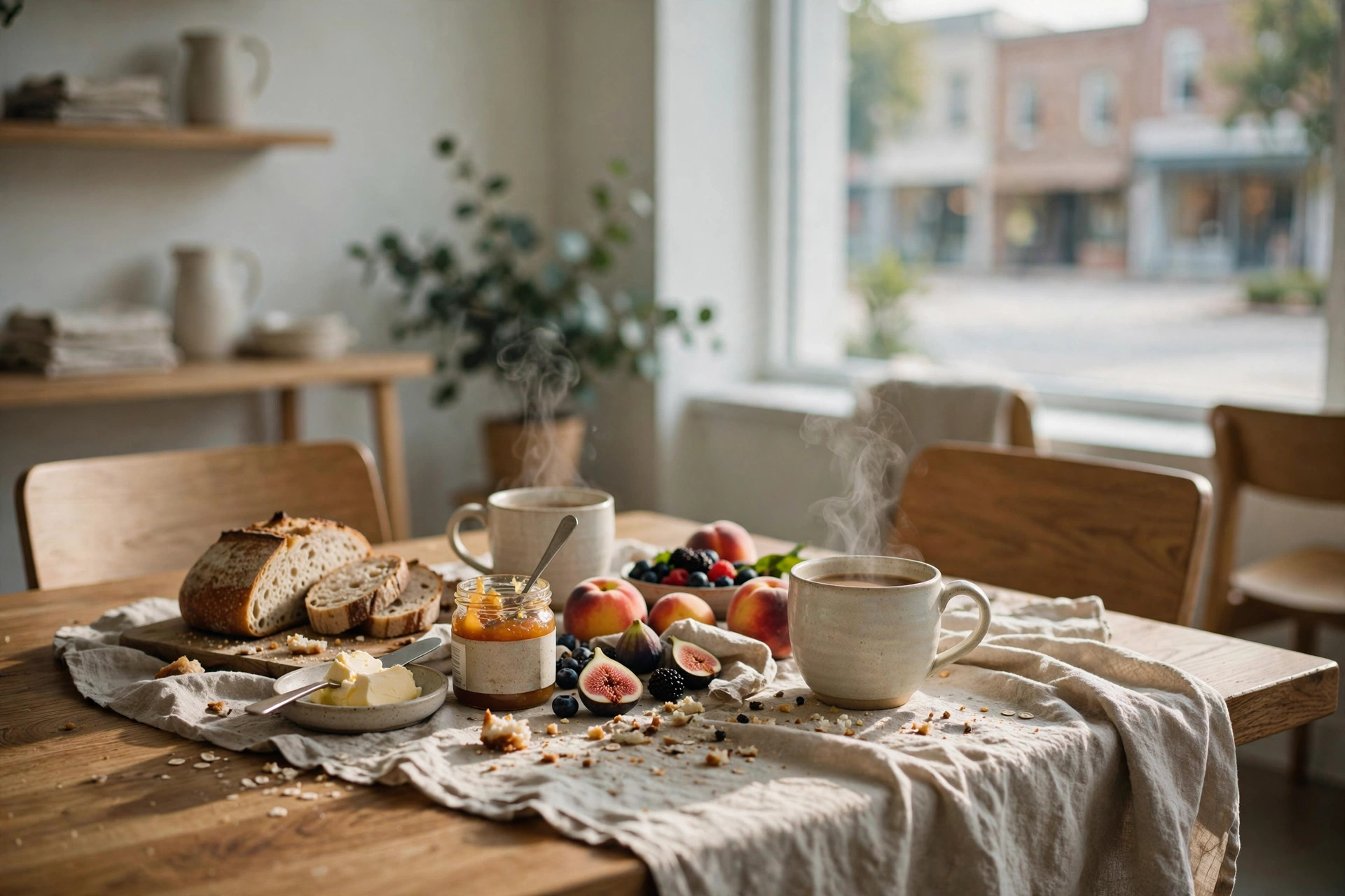 Coffee and breakfast details on the table