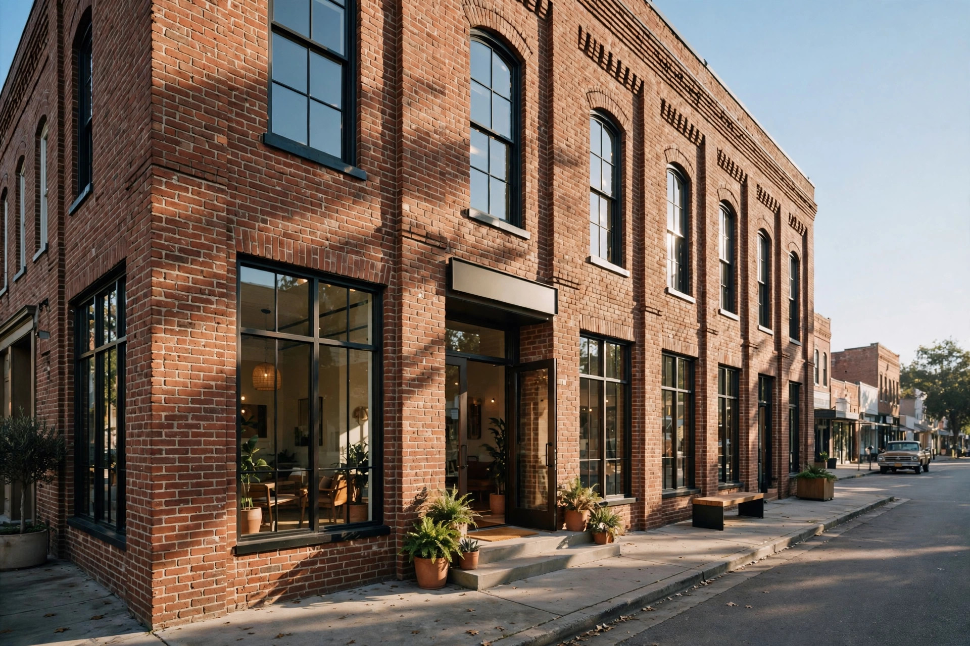 The Everward Center exterior on Main Street on a Sunday morning