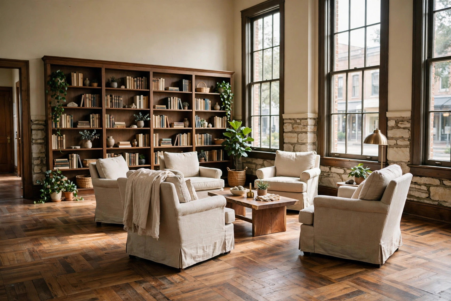 Inside the Everward Center — warm light, books, and conversation space