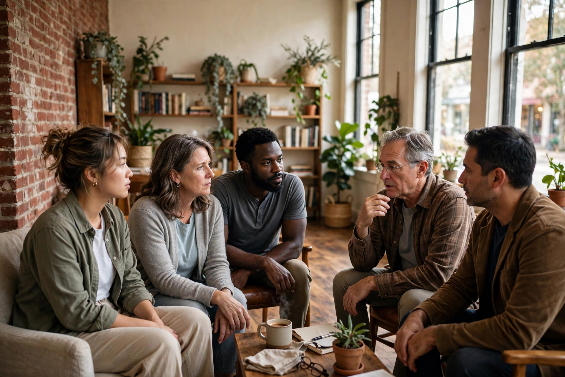 People in conversation around a circle, listening closely