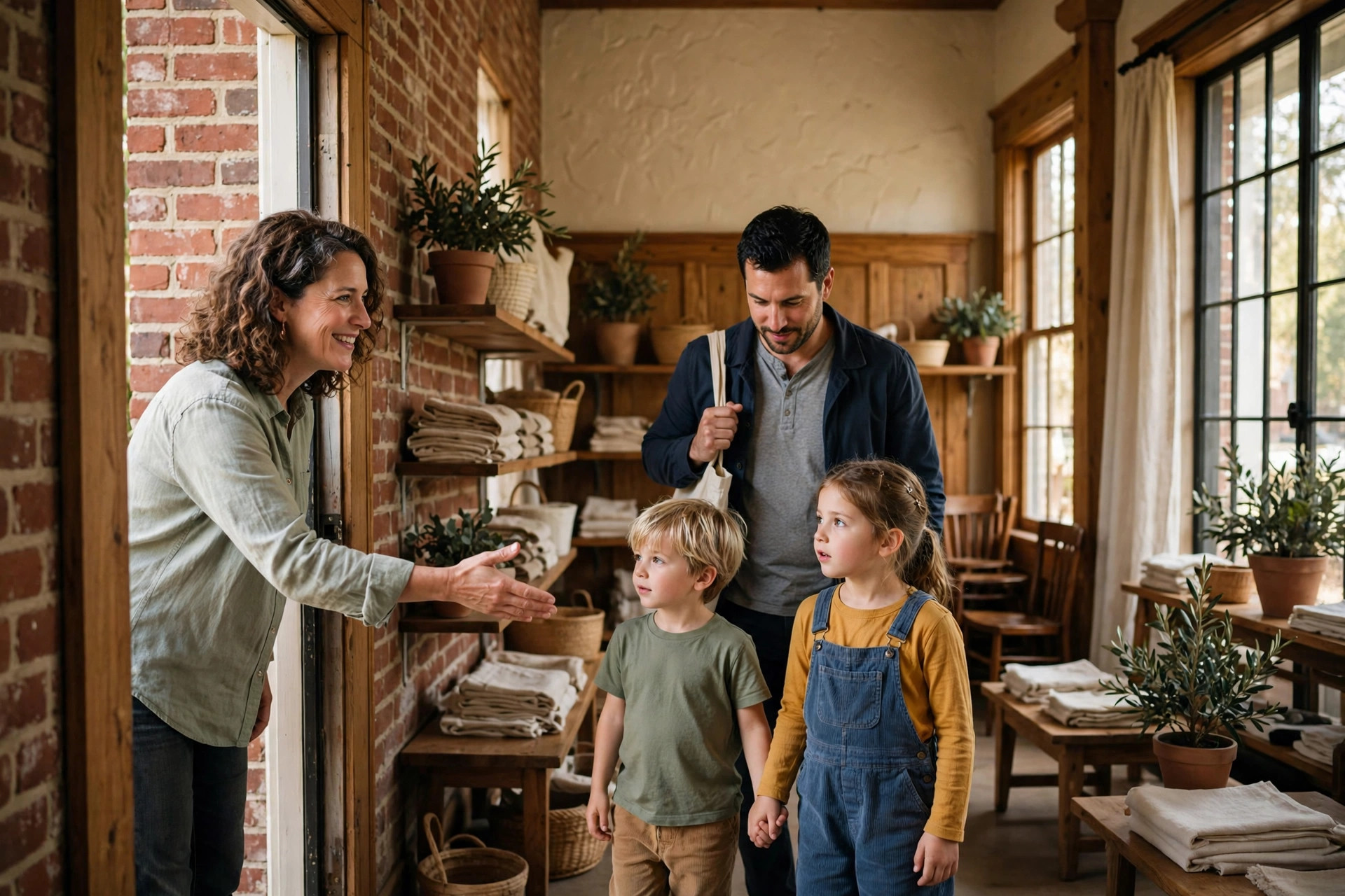 A family arriving together on a Sunday morning