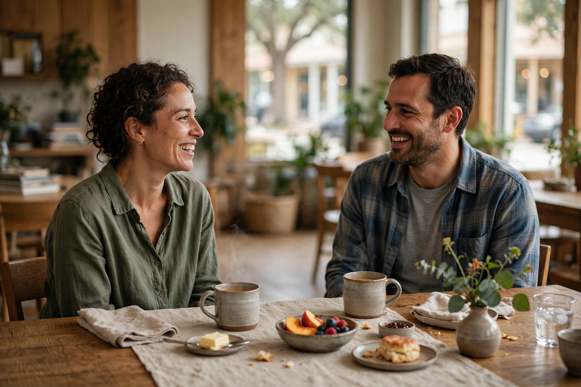 Two people talking over coffee at the breakfast table