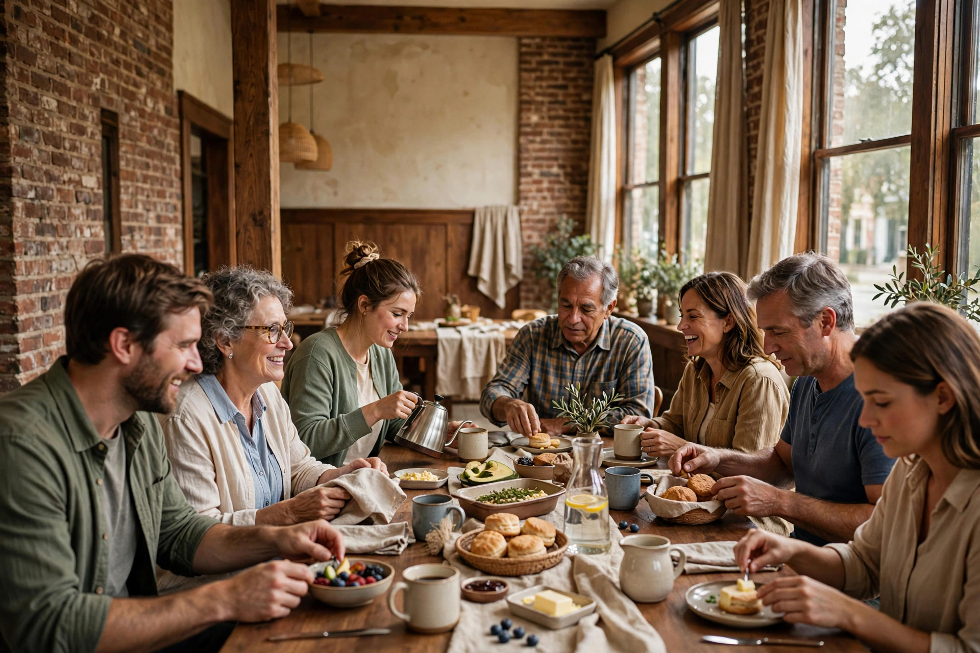 A long breakfast table with people sharing food and conversation on a Sunday morning