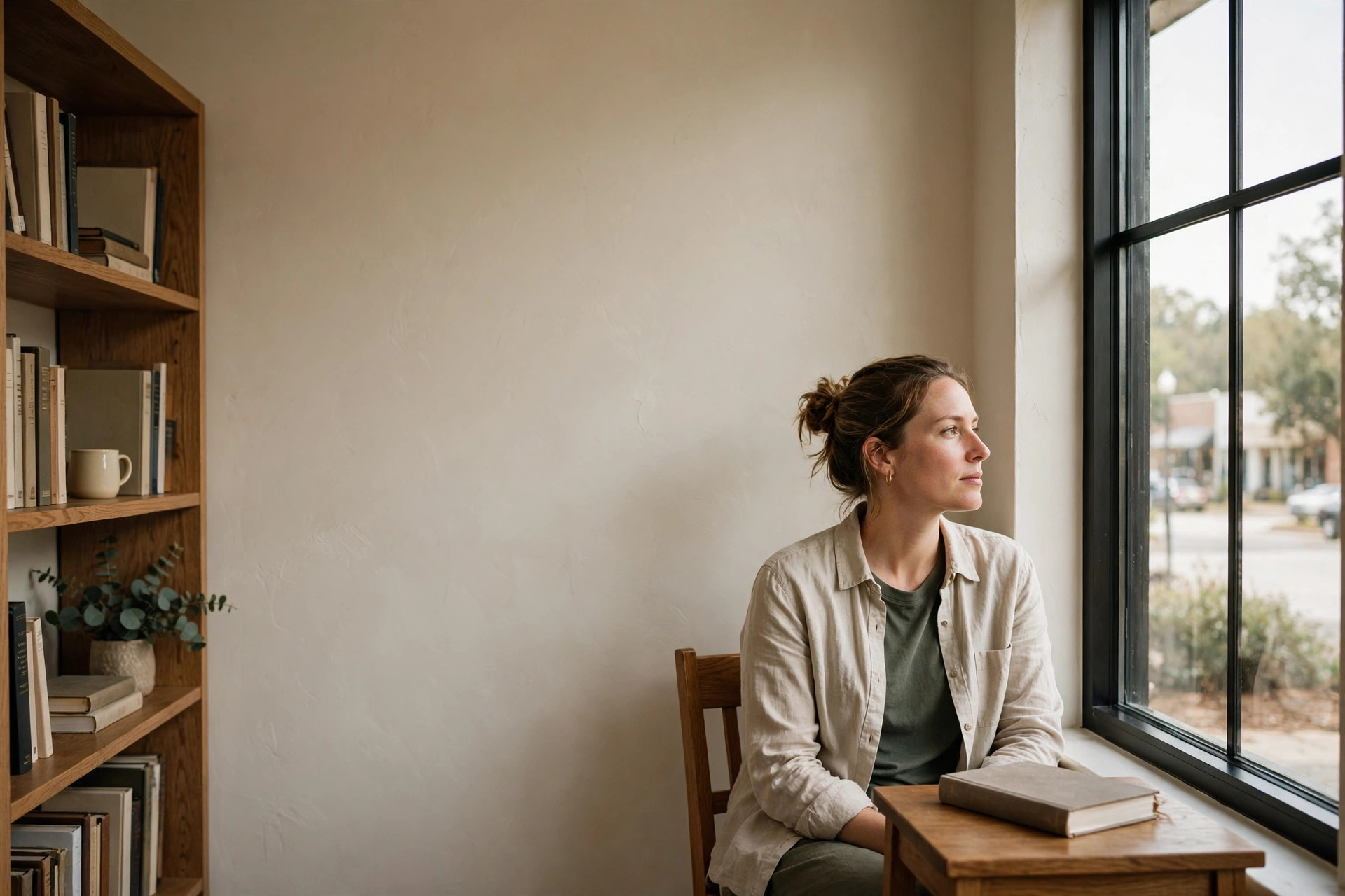 A person in quiet reflection in warm morning light